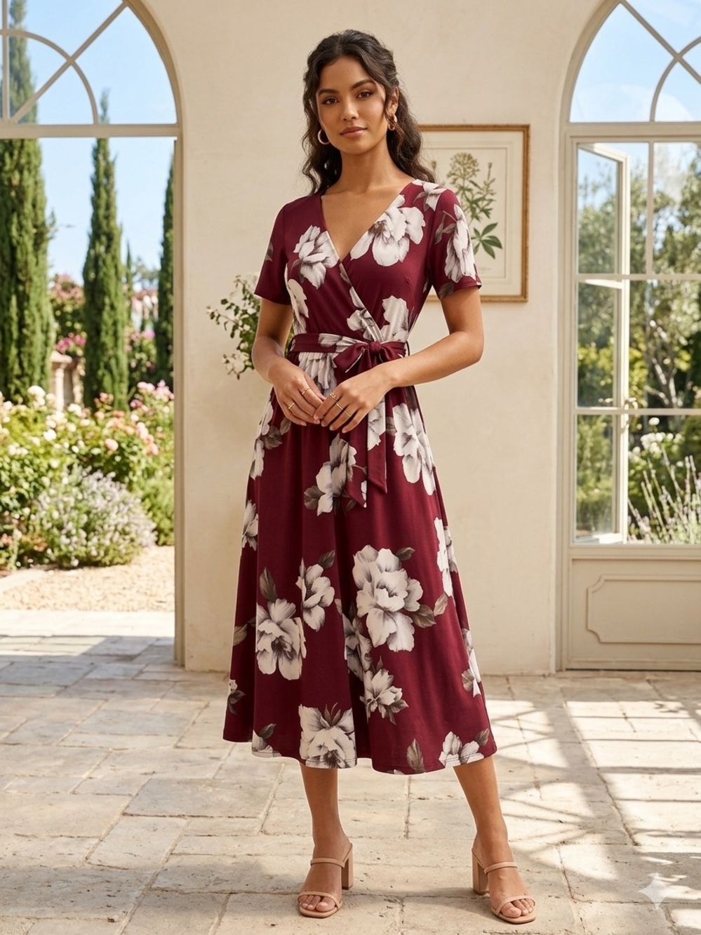 Pink blush Burgundy Floral Wrap Midi Dress with Tie Waist Size Medium
